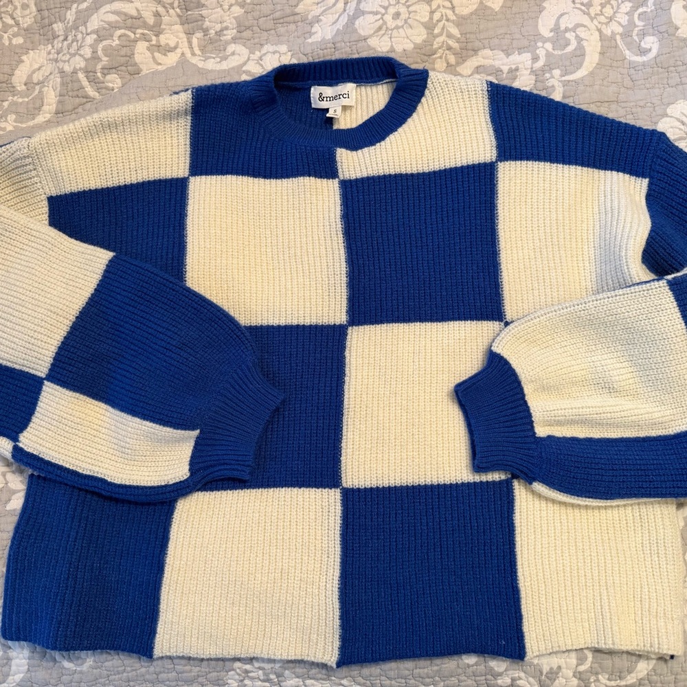 Blue and White cropped Checkered Sweater